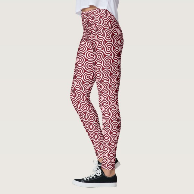 Elegant Abstract Spiral Circles on Maroon Leggings (Left)