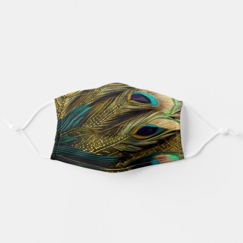Elegant Abstract Teal blue Gold Peacock Feathers  Adult Cloth Face Mask