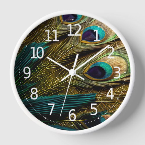 Elegant Abstract Teal Blue Gold Peacock Feathers  Clock