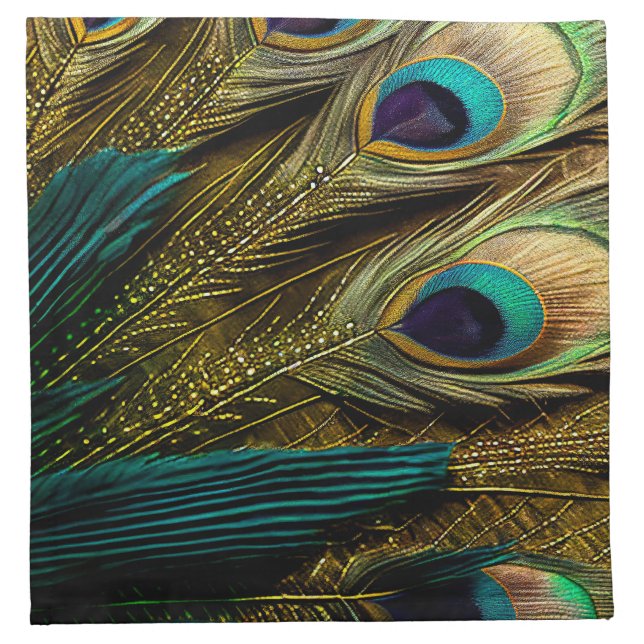 Elegant Abstract Teal Blue Gold Peacock Feathers | Cloth Napkin (Front)