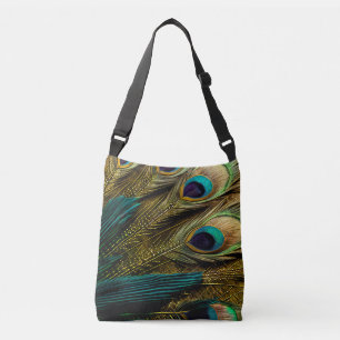 Elegant Abstract Teal Blue Gold Peacock Feathers   Crossbody Bag