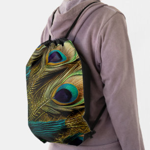 Elegant Abstract Teal Blue Gold Peacock Feathers Drawstring Bag