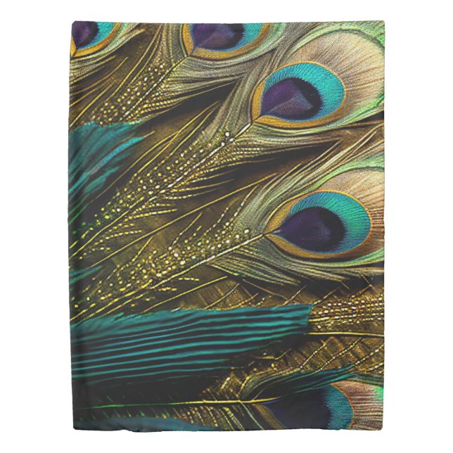 Elegant Abstract Teal Blue Gold Peacock Feathers | Duvet Cover (Front)