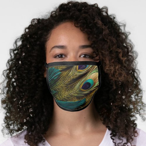 Elegant Abstract Teal blue Gold Peacock Feathers  Face Mask