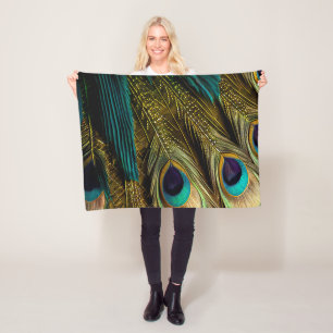 Elegant Abstract Teal Blue Gold Peacock Feathers Fleece Blanket