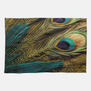 Elegant Abstract Teal Blue Gold Peacock Feathers Kitchen Towel