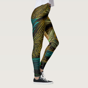 Elegant Abstract Teal Blue Gold Peacock Feathers Leggings