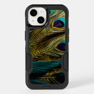 Elegant Abstract Teal Blue Gold Peacock Feathers OtterBox iPhone 14 Case