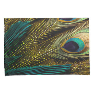 Elegant Abstract Teal Blue Gold Peacock Feathers   Pillow Case