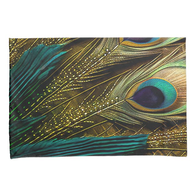 Elegant Abstract Teal Blue Gold Peacock Feathers | Pillow Case (Front-Right)