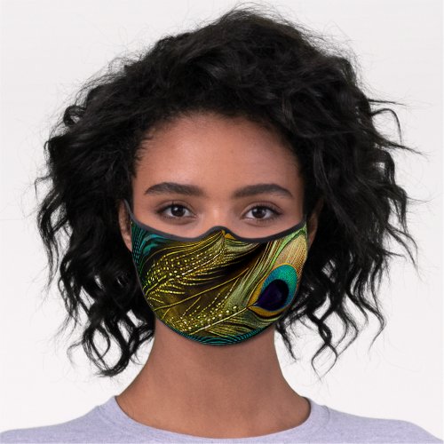 Elegant Abstract Teal blue Gold Peacock Feathers  Premium Face Mask