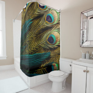 Elegant Abstract Teal Blue Gold Peacock Feathers   Shower Curtain