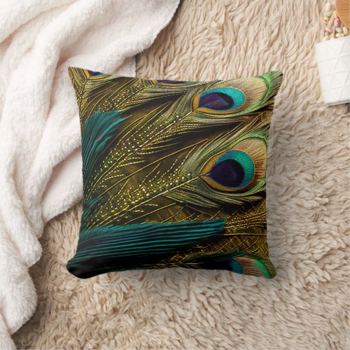 Elegant Abstract Teal Blue Gold Peacock Feathers  Throw Pillow