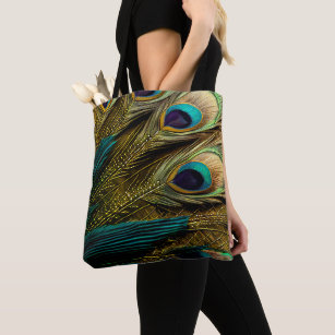 Elegant Abstract Teal Blue Gold Peacock Feathers   Tote Bag