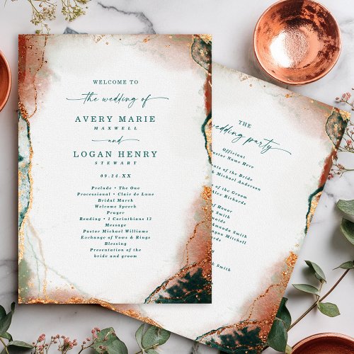 Elegant Abstract Teal  Copper Wedding Ceremony Program