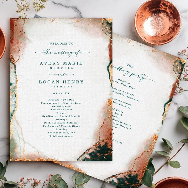 Elegant Abstract Teal & Copper Wedding Ceremony Program (Modern teal and copper wedding ceremony program with abstract design.)
