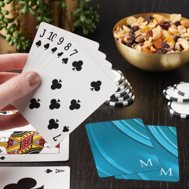 Elegant Abstract Teal Monogrammed Poker Cards (In Situ)