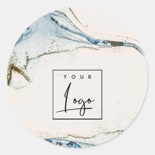 Elegant Abstract Watercolor Blue Gold Logo Beachy Classic Round Sticker