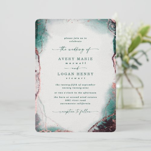 Elegant Abstract Watercolor Emerald Green Wedding Invitation