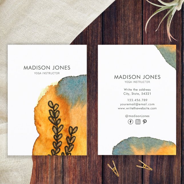Elegant Abstract Watercolor Flower Yoga Instructor Business Card (Front and Back)