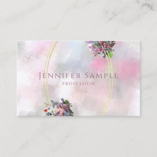 Elegant Abstract Watercolor Flowers Gold Frame Top Business Card
