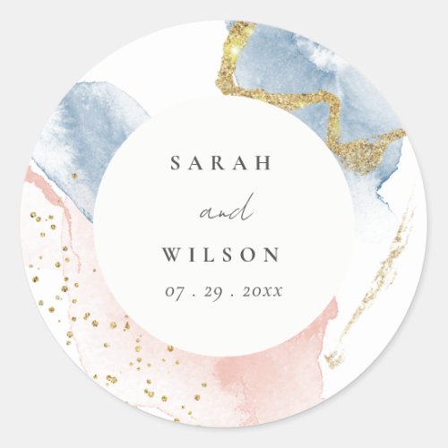 Elegant Abstract Watercolor Gold Pink Blue Wedding Classic Round Sticker