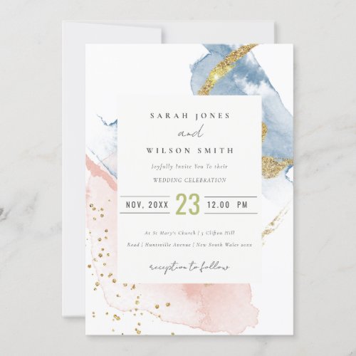 Elegant Abstract Watercolor Gold Pink Blue Wedding Invitation