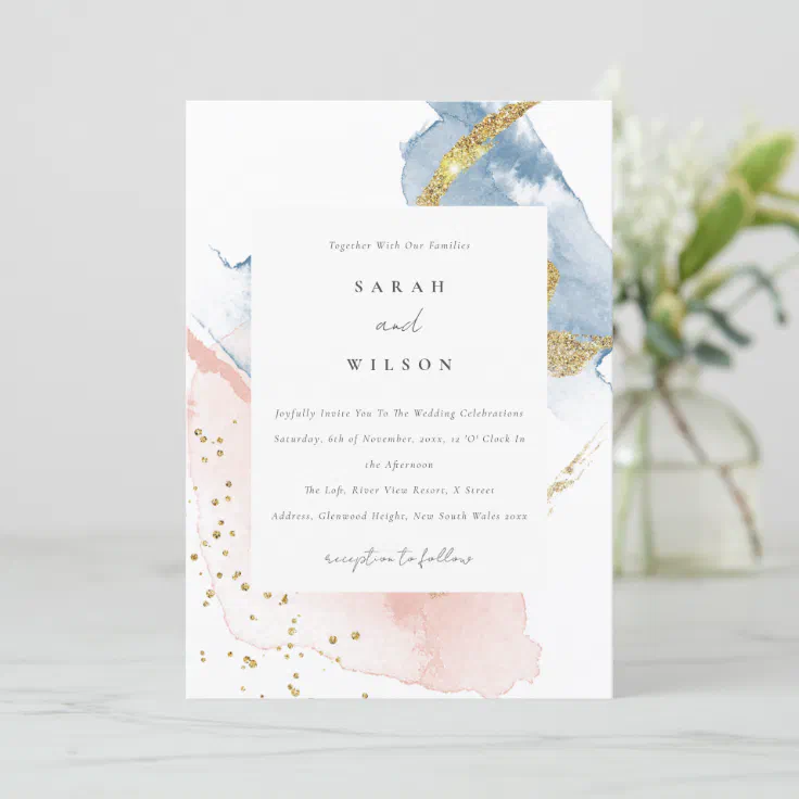 Elegant Abstract Watercolor Gold Pink Blue Wedding Invitation | Zazzle