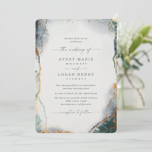 Elegant Abstract Watercolor Green  Gold Wedding Invitation