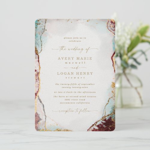 Elegant Abstract Watercolor Red  Gold Wedding Invitation