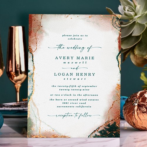 Elegant Abstract Watercolor Teal  Copper Wedding Invitation