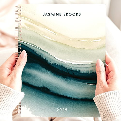 Elegant Abstract Watercolor Waves Custom Name Planner