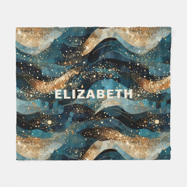 Elegant Abstract Winter Navy Gold Glitter Fleece Blanket (Front (Horizontal))