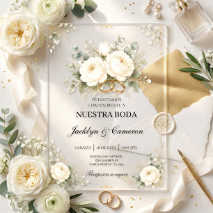 Elegant Acrylic White Floral & Gold Wedding Rings Invitations