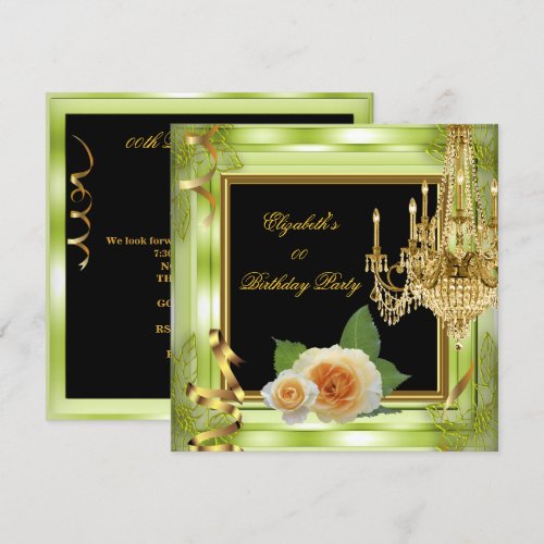 Elegant Add Age Birthday Green Gold Roses Custom Invite
