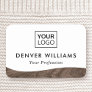 Elegant add logo brown woodgrain wave border white name tag
