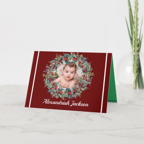 Elegant Add photo  Christmas  Xmas wreath burgundy Holiday Card