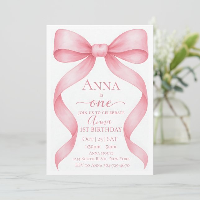 Elegant Adjustable Pink Bow First Birthday Invitat Invitation (Standing Front)