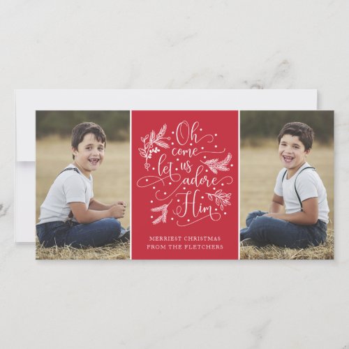 Elegant Adore Him  Christmas Two Photo Holiday Card