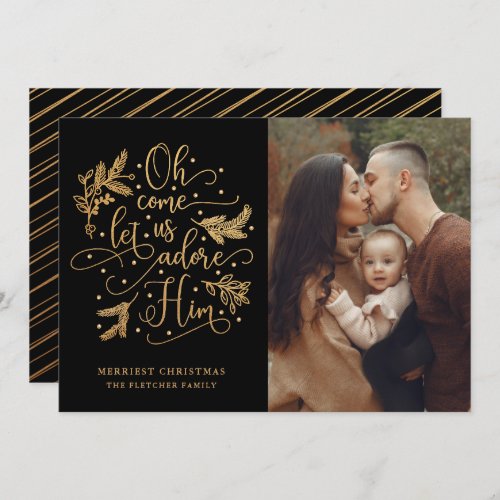 Elegant Adore Him  Photo Christmas  Gold Black Holiday Card