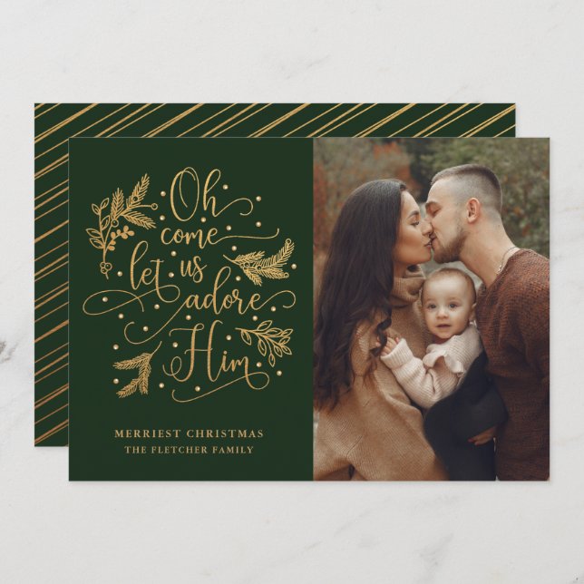 Elegant Adore Him | Photo Christmas | Gold Green Holiday Card (Front/Back)
