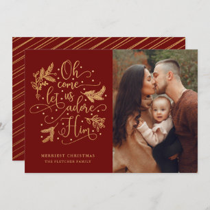 Elegant Adore Him Photo Christmas Gold Red Holiday Card