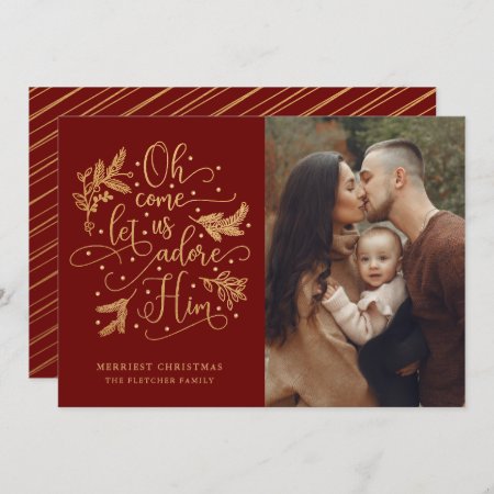 Elegant Adore Him | Photo Christmas | Gold Red Holiday Card