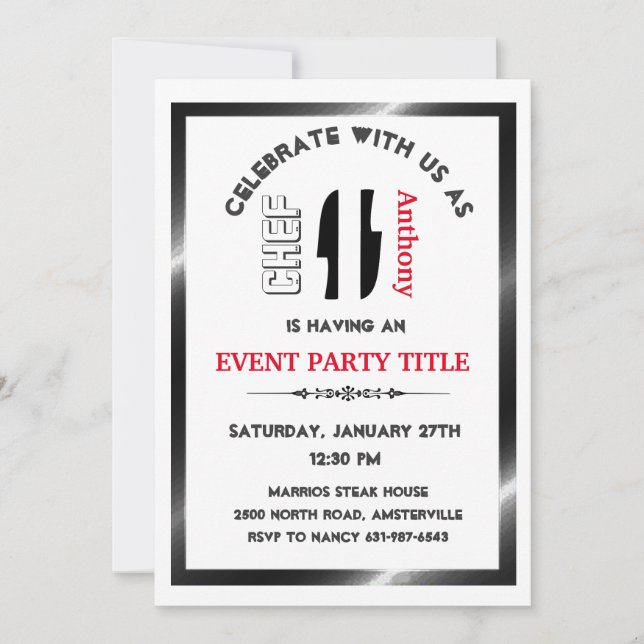 Elegant Adult Chef Cook Party Custom Invitation (Front)