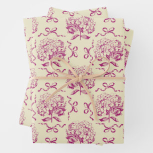 Elegant Aesthetic Hydrangea Bow Pink Toile Pattern Wrapping Paper Sheets