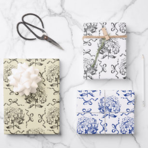Elegant Aesthetic Hydrangea Bow Toile Pattern Wrapping Paper Sheets