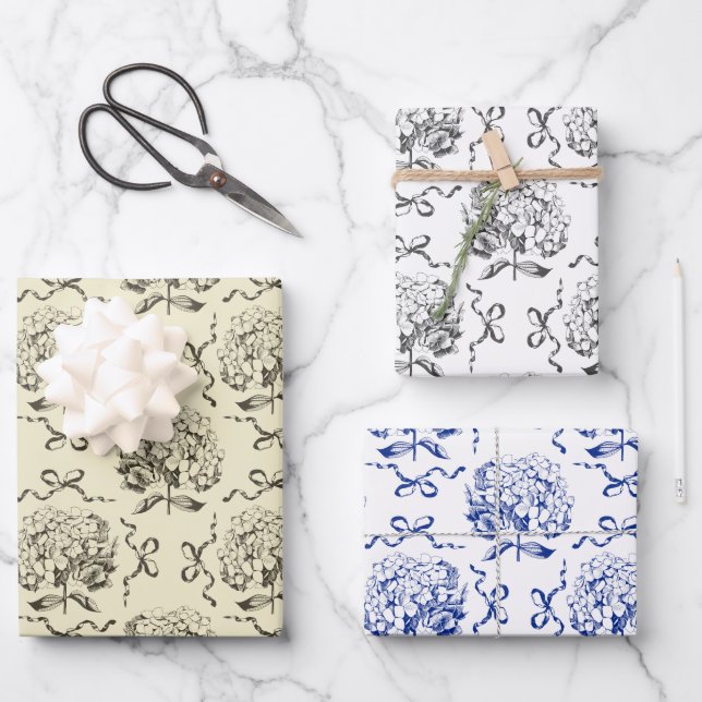 Elegant Aesthetic Hydrangea Bow Toile Pattern Wrapping Paper Sheets (Front)