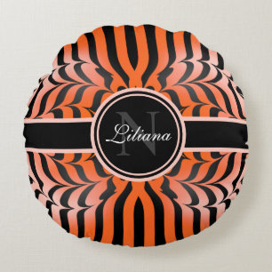 Elegant Aesthetic Orange & Black Tiger Skin Print Round Pillow