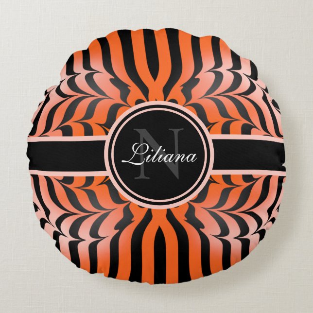 Elegant Aesthetic Orange & Black Tiger Skin Print Round Pillow (Front)