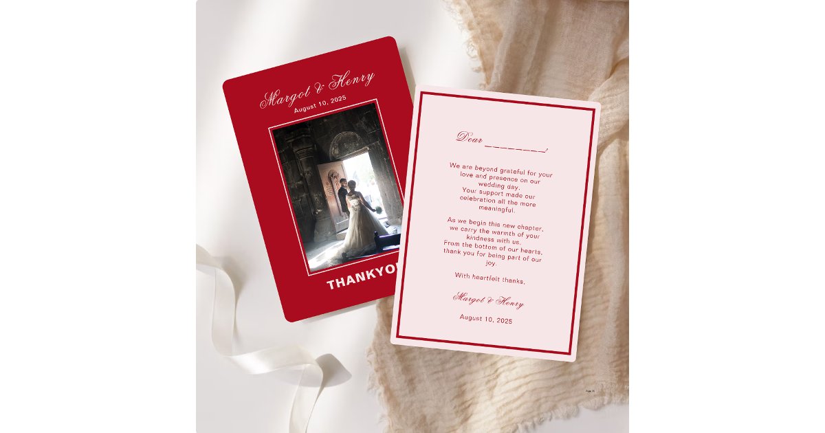 Elegant Aesthetic Red Modern Wedding Photo Thank You Card | Zazzle